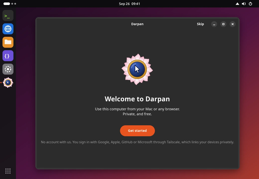 The Darpan window on Linux: Welcome to Darpan, finishing the sign-in in the browser, one click to allow secure addresses, and the password to connect with