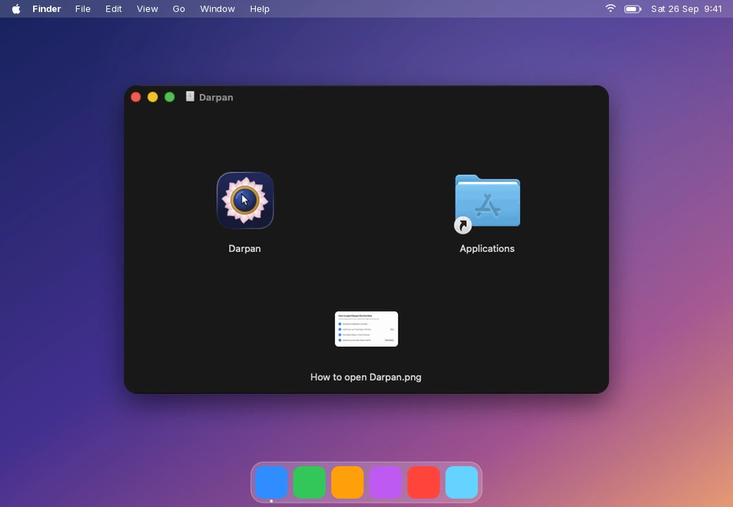 Darpan on the Mac: the disk image, Welcome to Darpan, your computers, the password, and the tip that shows the toolbar